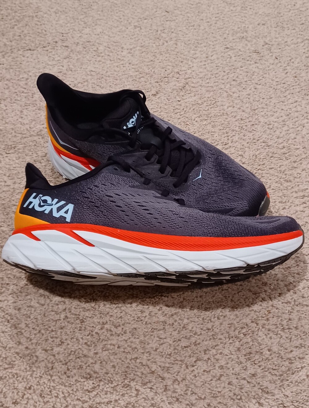 Hoka One One Clifton 8 Men's Road-Running Shoes - Gray with Orange Accents Sz 11
